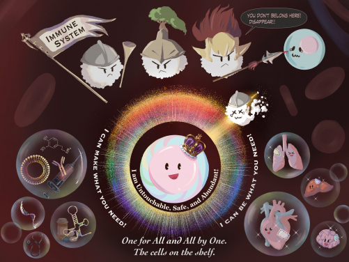 圖中展示一種安全、通用型的幹細胞來源，能避開免疫系統攻擊。這些細胞可進一步製成具治療作用的多類細胞，為患者提供更多治療方法。